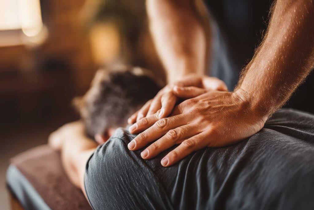 A person stretching their back on a yoga mat in a sunlit living room.